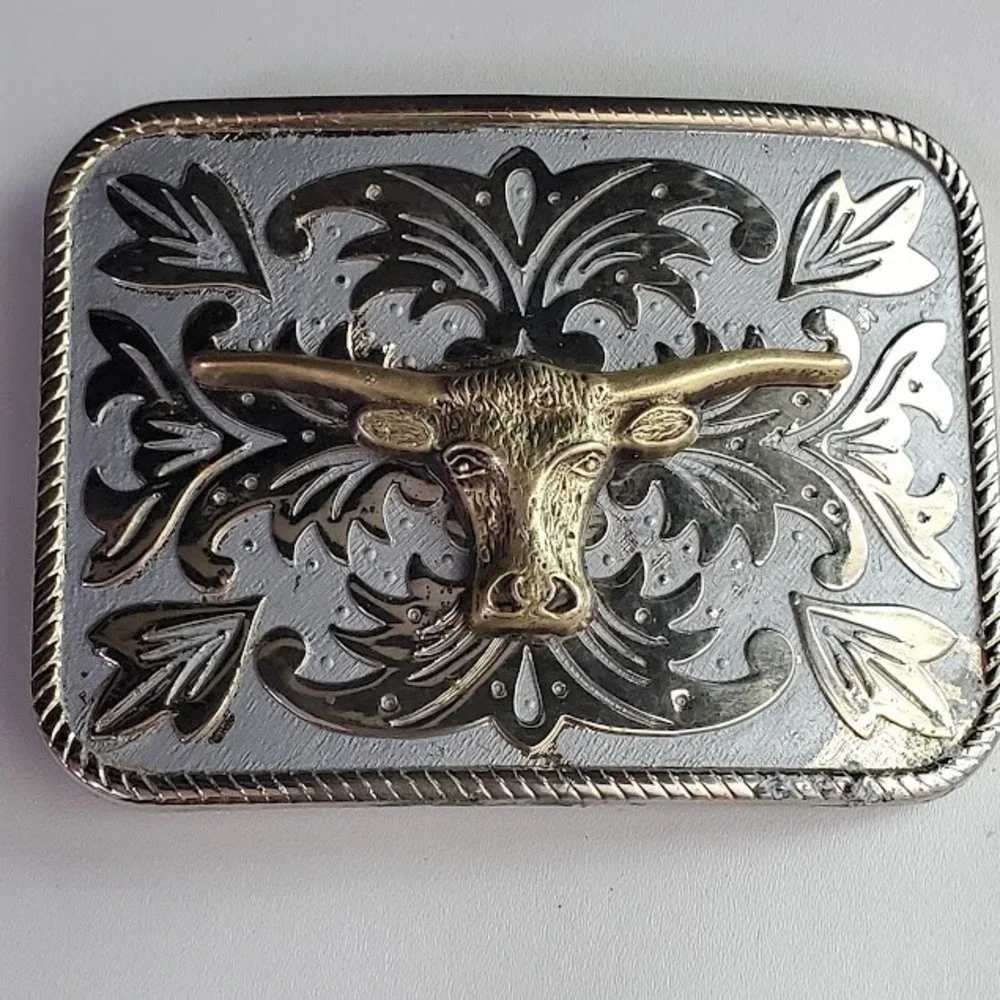Vintage Style Longhorn Bull Belt Buckle Silver Gold Tone Western Cowboy Flawed